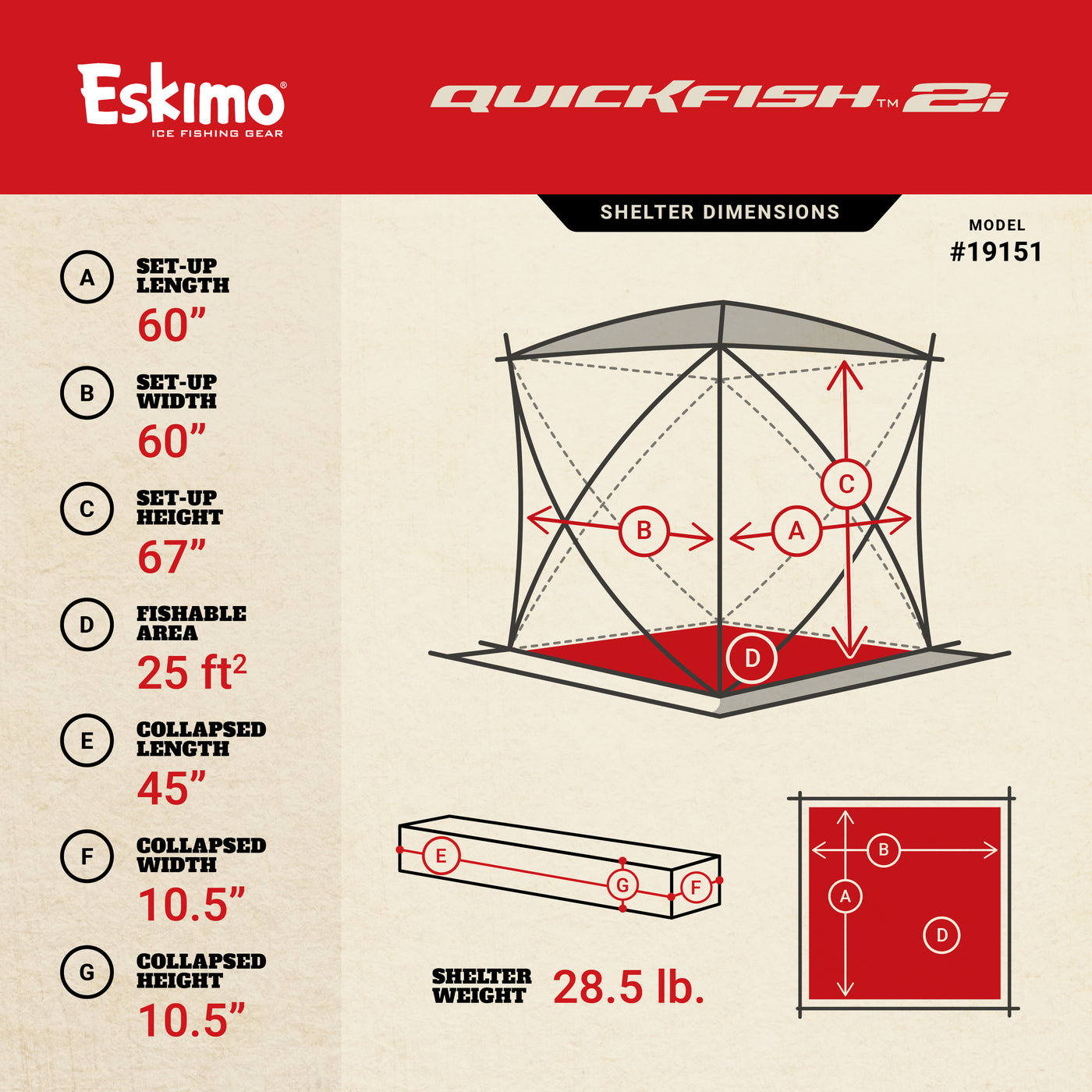 Specifications for the QuickFish 2i, including 2-person capacity, 25 ft² fishable area, and 67-inch height
