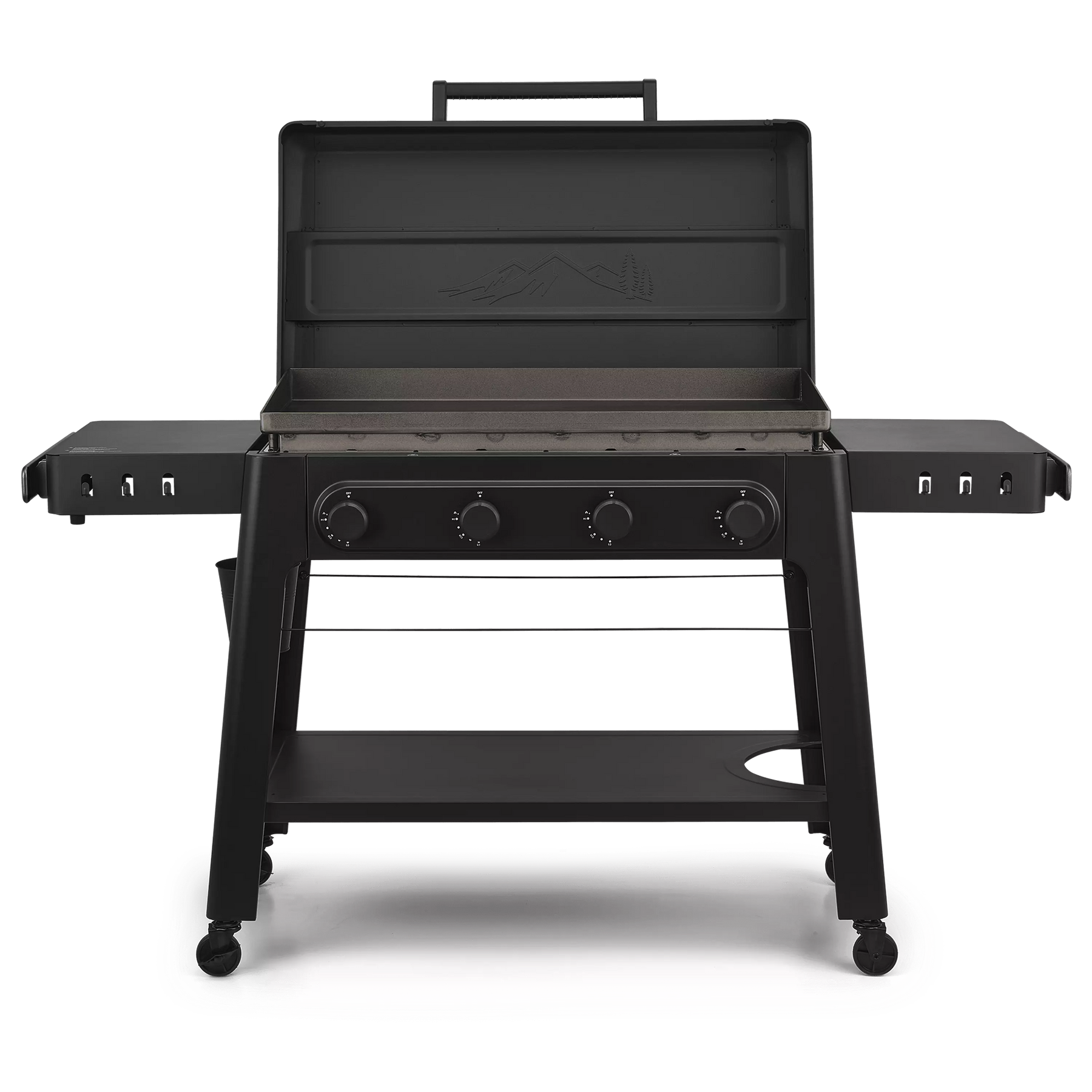 Angled view of the Traeger Irontop 4-Burner griddle showcasing edge-to-edge cooking surface, durable construction, and prep shelves.
