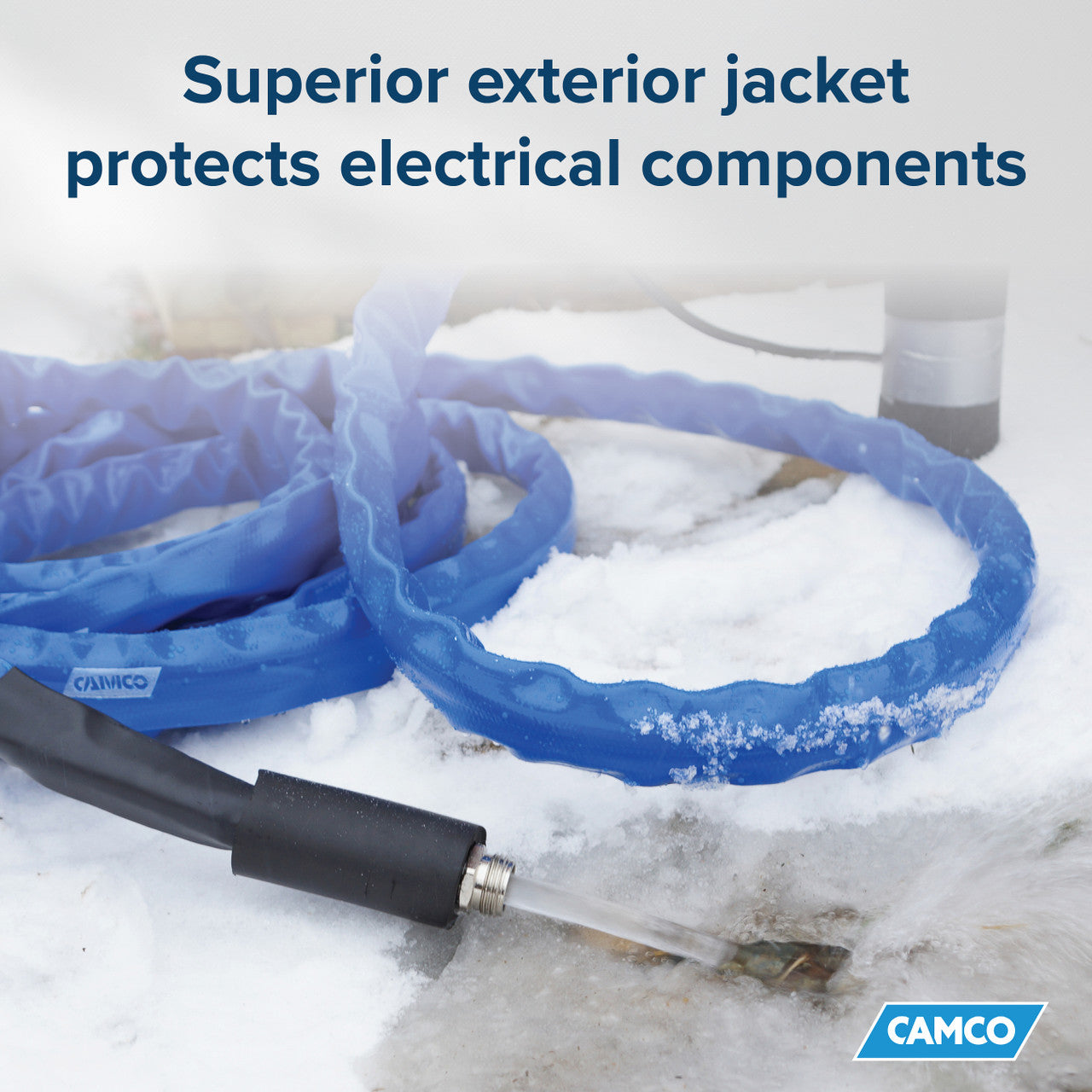 Camco 25-foot heated drinking water hose provides uninterrupted water flow in freezing conditions for RVs, gardens, and livestock.