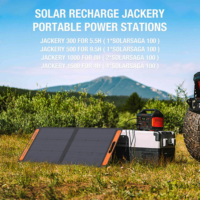 Side view of SolarSaga 100W solar panel with stands extended