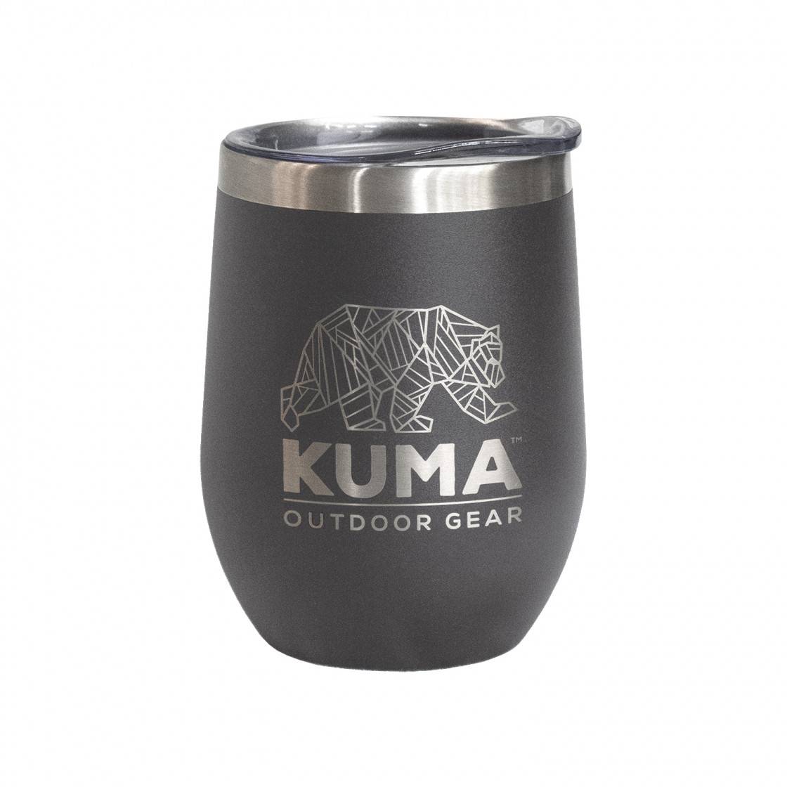 Vacuum-sealed stainless steel wine tumbler, 12 oz size, BPA-free, powder coated, dishwasher safe with spill-resistant lid.