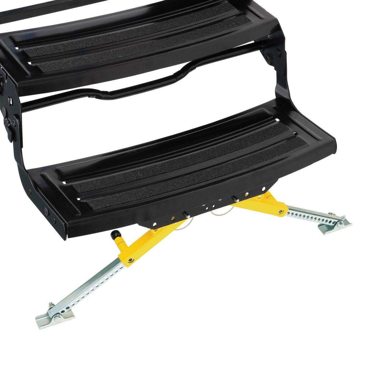 Lippert® Solid Stance Step Stabilizer™ Kit installed on an RV, providing extra step stability.