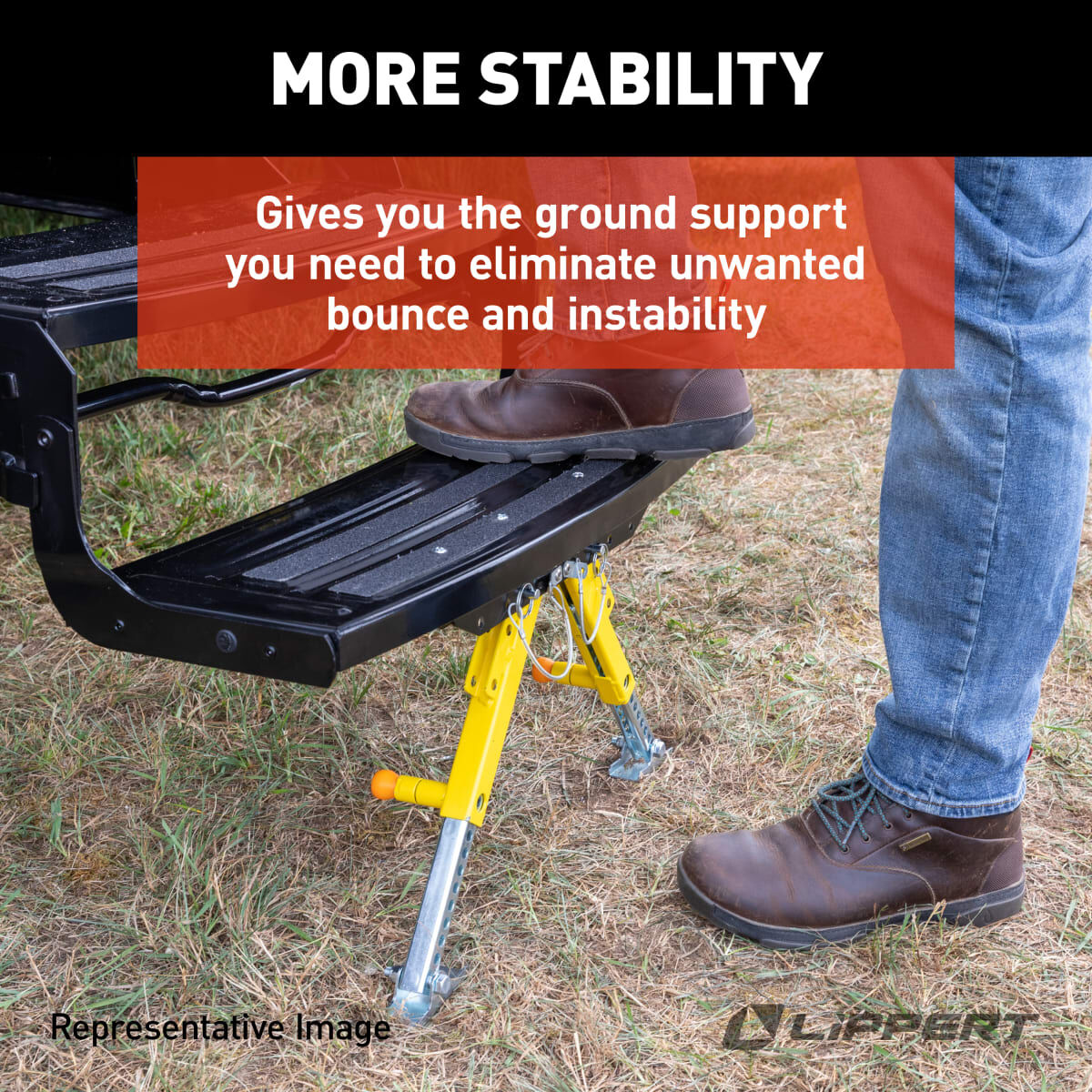 Close-up of the individually adjustable legs on the Solid Stance Step Stabilizer™, ensuring ground support.