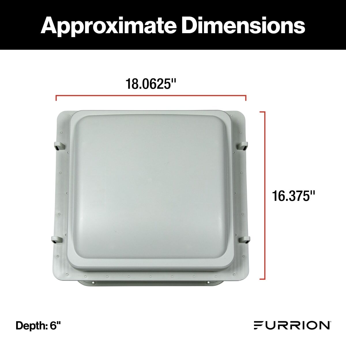 Furrion RV roof vent fan in white, installed on an RV with a smooth, unobtrusive flush-mount appearance