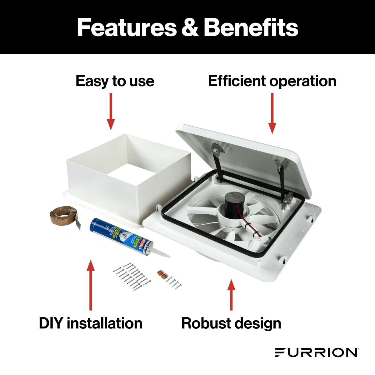 Close-up of the Furrion RV roof vent fan’s 12-inch rotor with 10 blades for high-powered airflow.