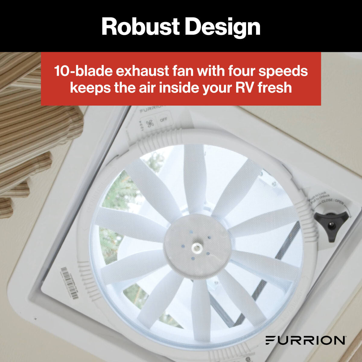 Furrion RV roof vent fan in operation with four adjustable fan speeds for varying temperatures inside the RV.