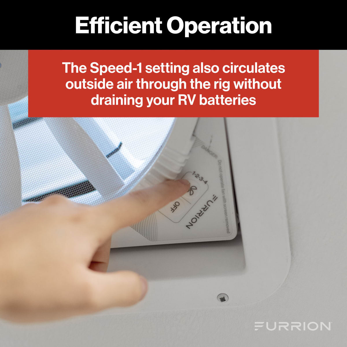 The Furrion RV roof vent fan with smooth opening and closing mechanism, providing efficient air circulation