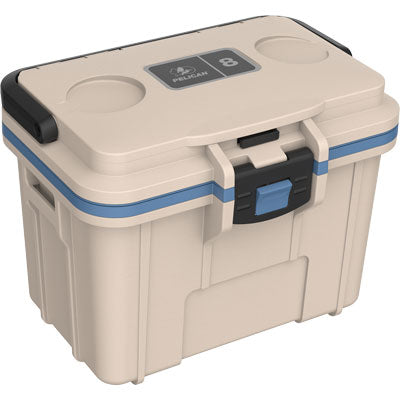 Beige cooler box with blue accents on a white background
