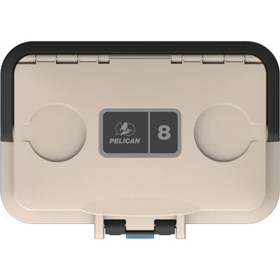 Beige Pelican case with a black lid on a white background