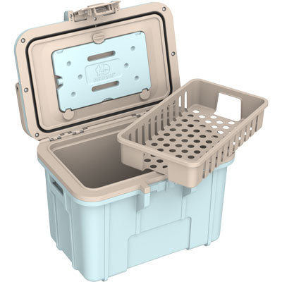 Portable cooler box with a lid removed on a white background