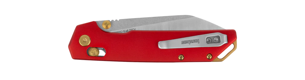 Red folding knife with a white blade on a white background