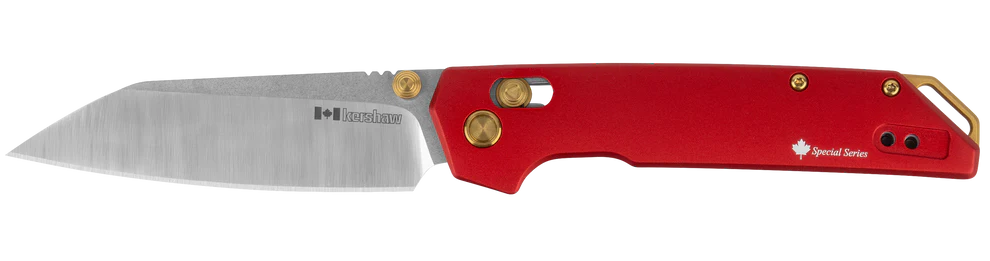 Red folding knife with a metallic blade on a white background