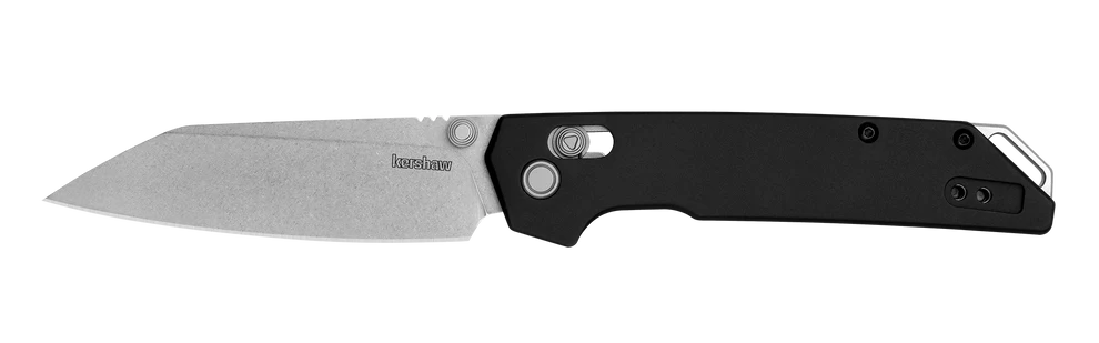 Kershaw Iridium pocketknife featuring a reverse tanto blade with a stonewashed finish, black-anodized aluminum handle, and a deep-carry reversible pocket clip. Designed for everyday carry