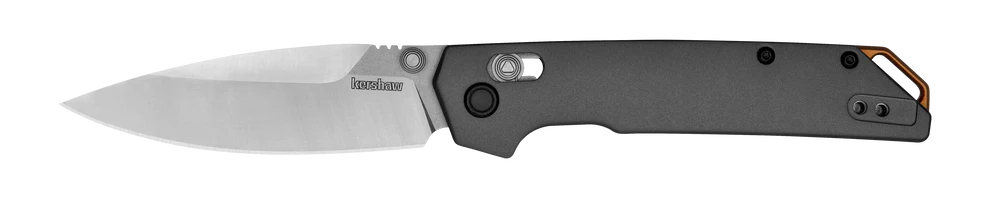 Kershaw Iridium folding pocketknife with a modern, minimalist design. Features a gray-anodized aluminum handle and a 3.4-inch D2 spear point blade with a two-tone finish of stonewashed flats