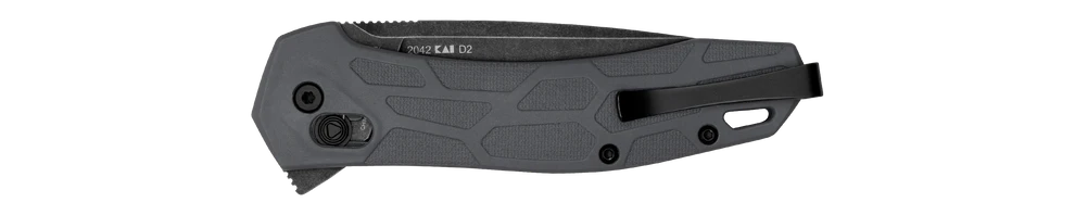 Kershaw Covalent folding pocketknife with a 3.2-inch D2 steel drop point blade featuring a black-oxide BlackWash™ finish. The mid-size knife includes a gray, textured glass-filled nylon handle and a reversible, extra-deep-carry pocket clip for left or right tip-up carry.