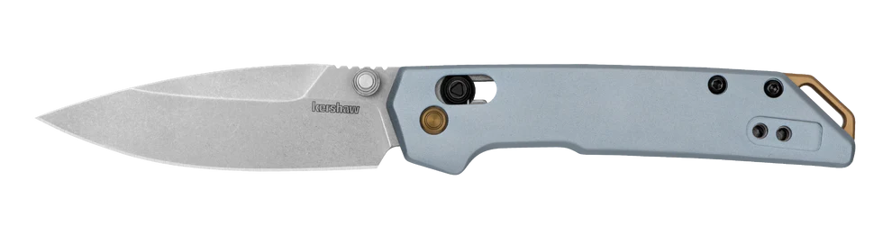 Mini Iridium EDC folding knife with ice blue anodized aluminum handle and gold PVD hardware