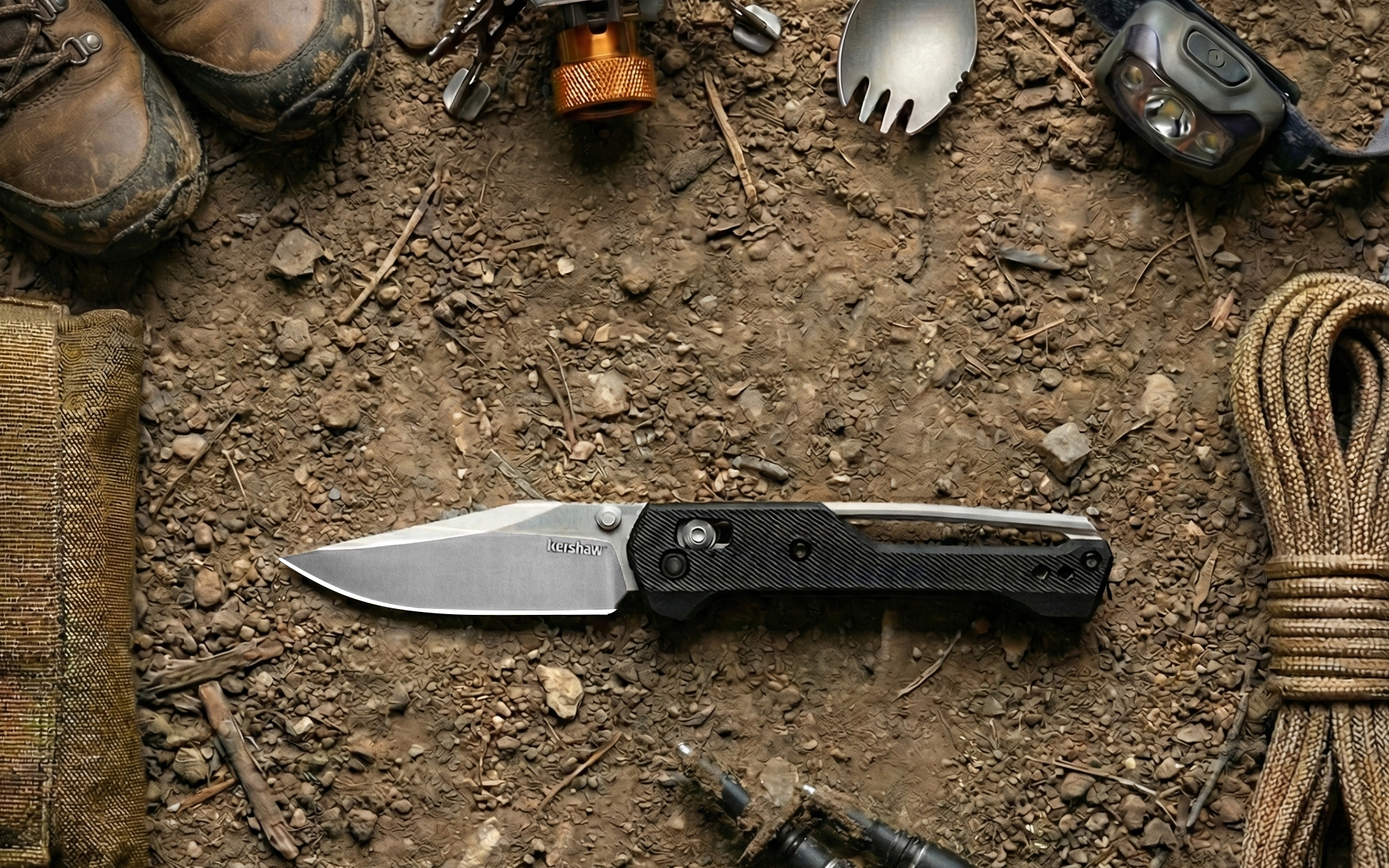 Close-up of the Kershaw Airspace 14C28N satin blade with thumb studs and DuraLock mechanism