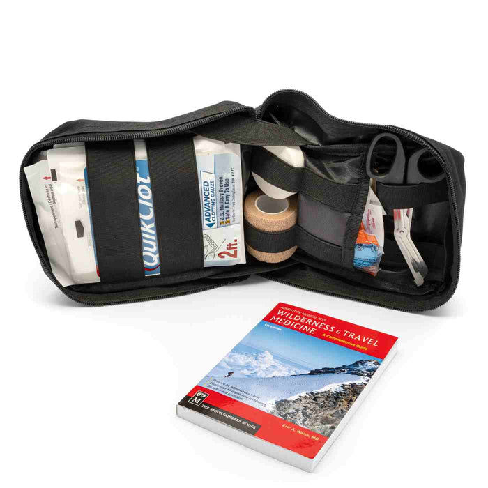 Outdoor medical kit with integrated metal buttoned straps for gear attachment