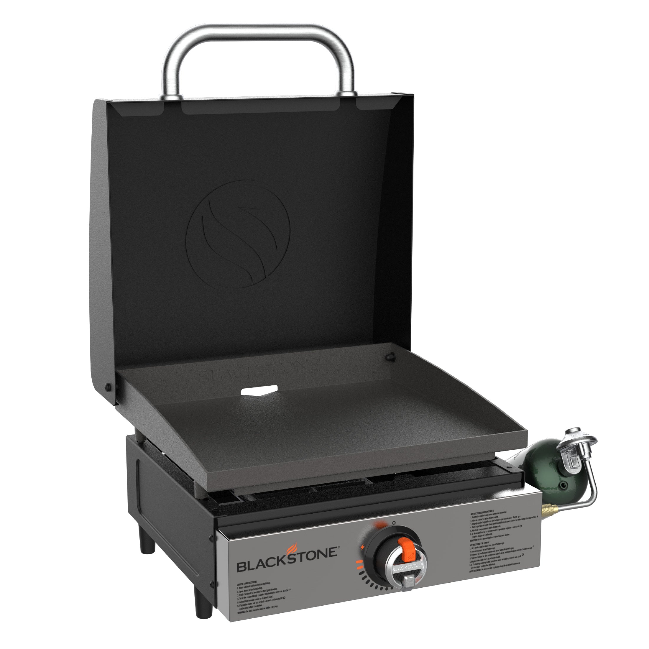 Blackstone portable gas grill 17" open with hood
