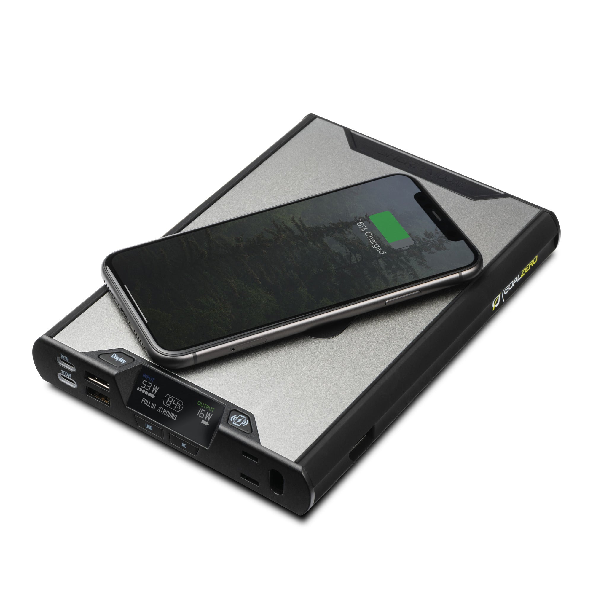 Sherpa 100AC airline-approved portable power bank with 95Wh capacity, AC outlet, 100W USB-C charging, and 15W wireless charging