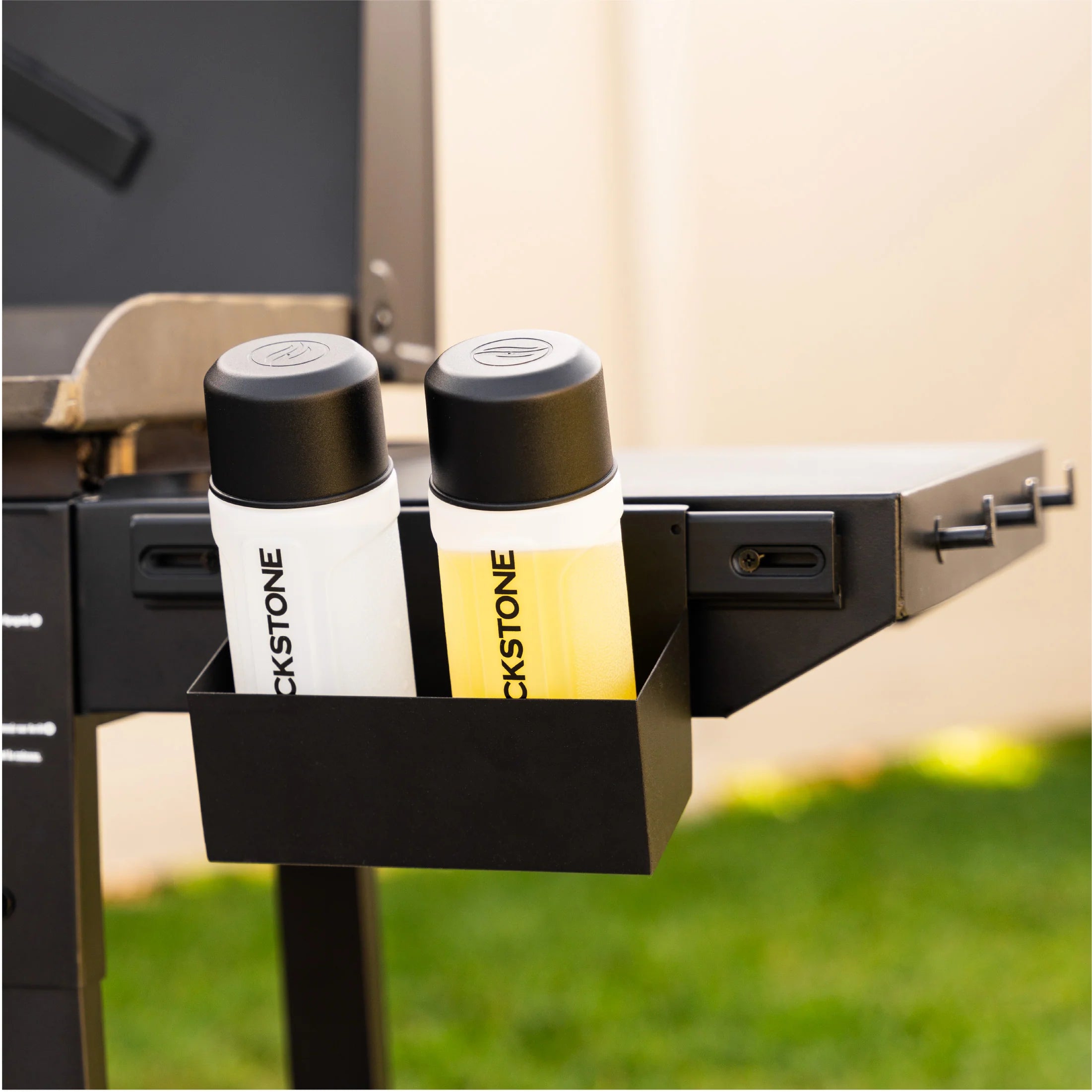 Dual side shelves with hooks for prep space and utensil access