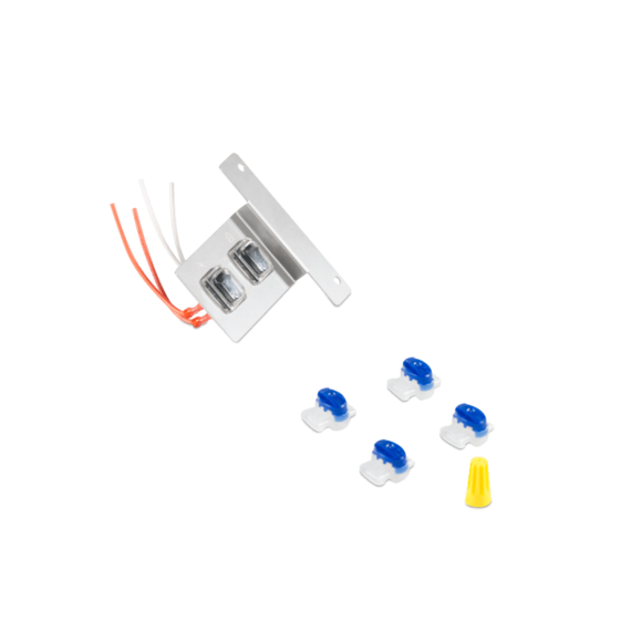 Electrical component with wires and small blue and white connectors on a white background