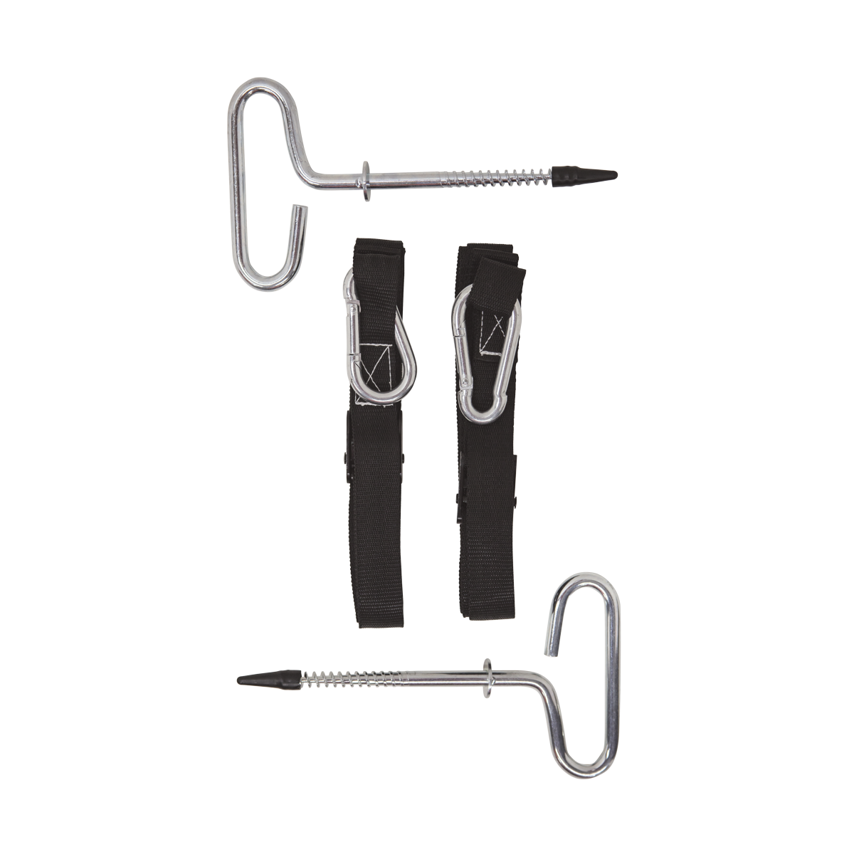 Image of the Eskimo Deluxe Tie Down Kit with all components displayed, including two Eskimo Ice Anchors and two deluxe cam straps with carabiner attachments.