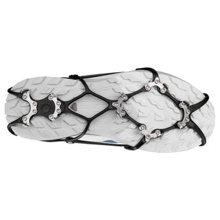 Kahtoola MICROspikes Ghost ultralight ice traction cleats packed in a compact ripstop nylon storage sack