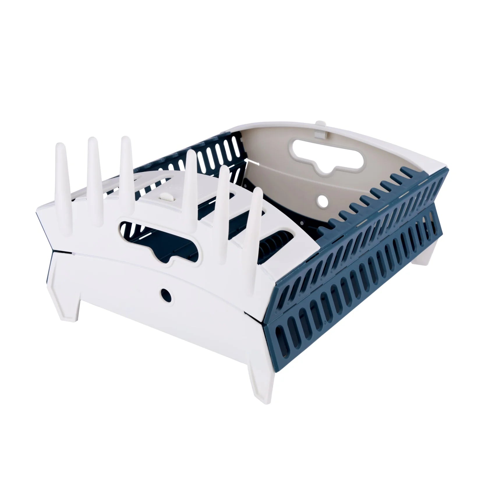 Collapsible camping dish rack with built-in drip tray and drain holes, lightweight portable solution for outdoor dish drying