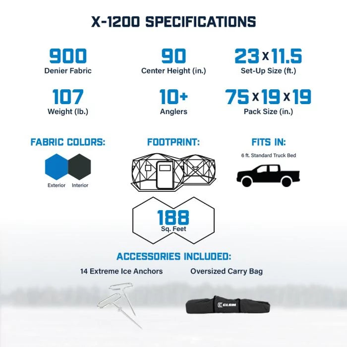Clam X-1200 Thermal hub shelter triple-layer corner storage pockets