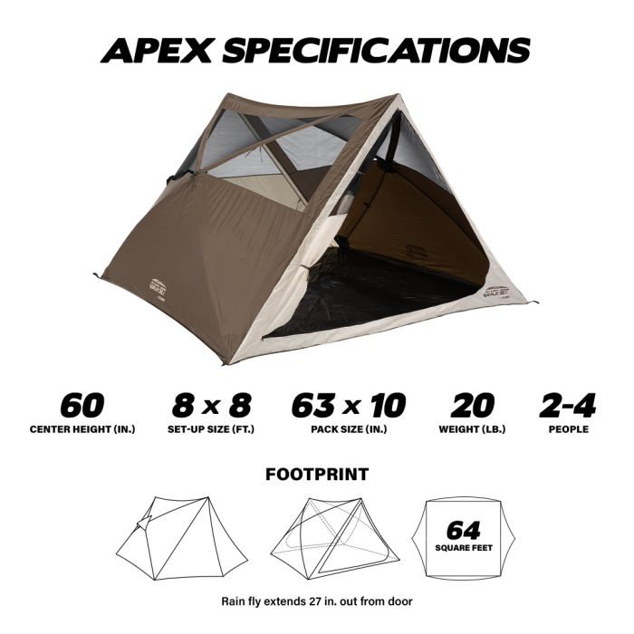 Quick-Set Apex Tent hub system for fast and easy setup without assembly.