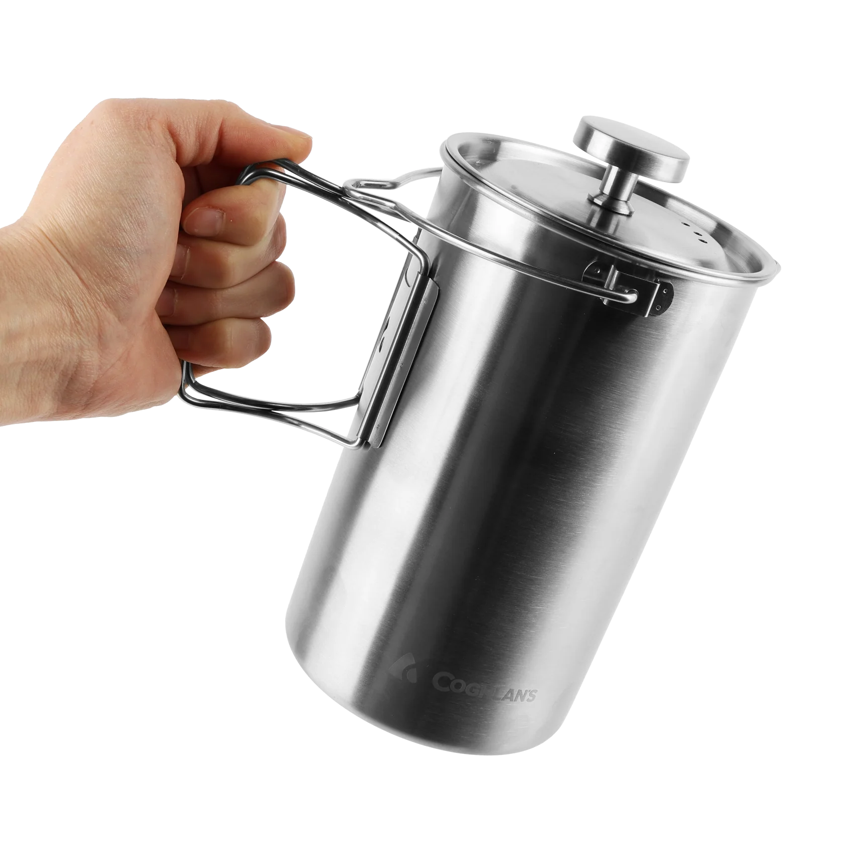 Portable camping coffee press with foldable handles and precision spout