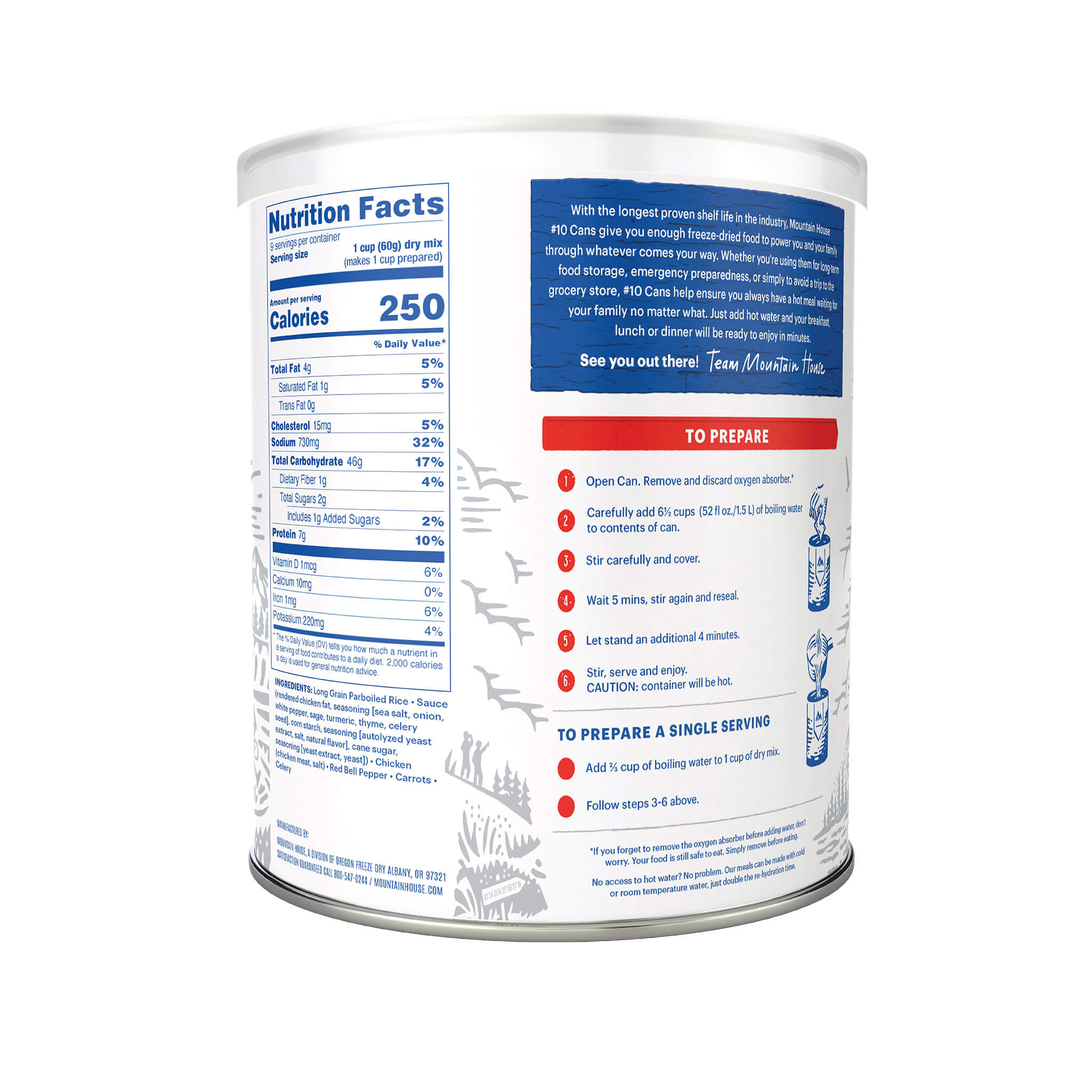 Canister with nutritional information and preparation instructions on a white background