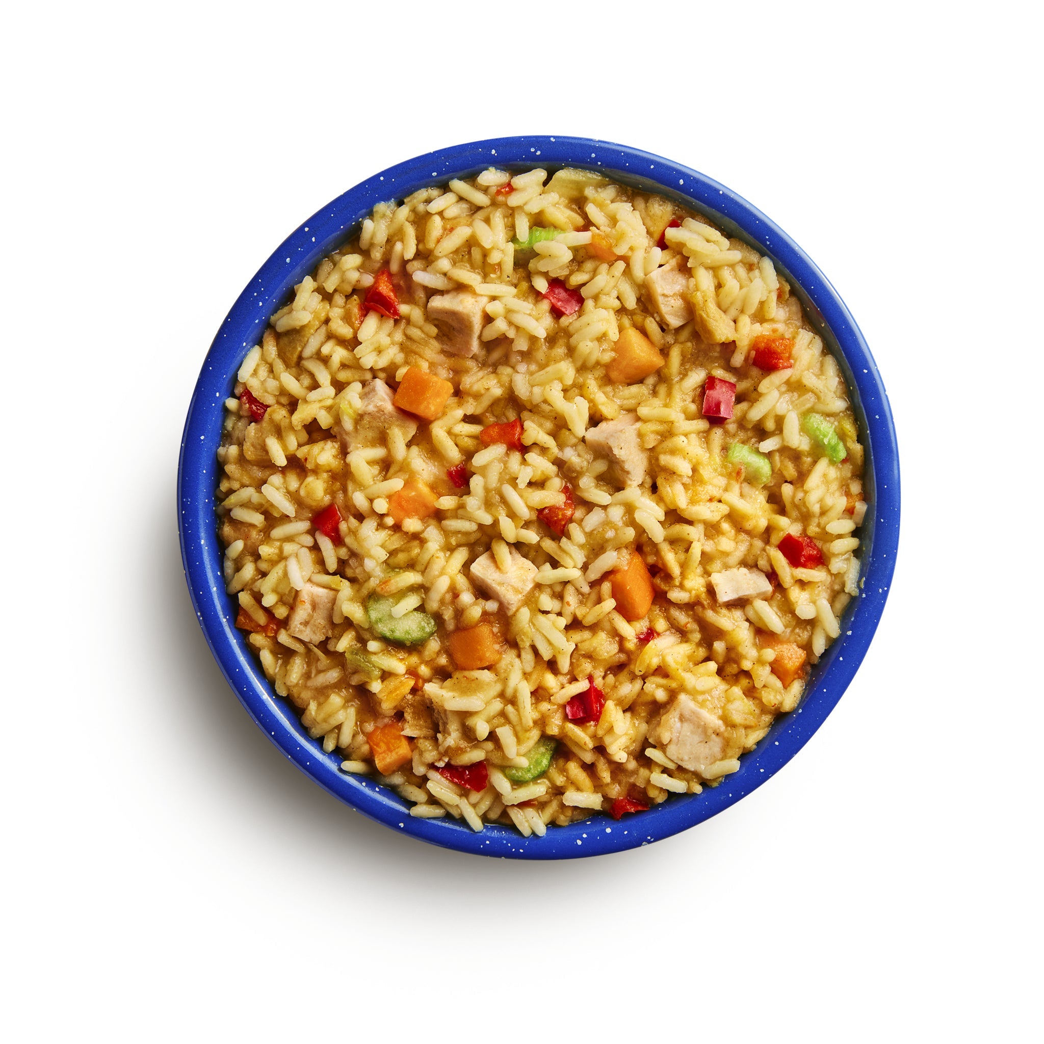 Bowl of fried rice with vegetables on a white background
