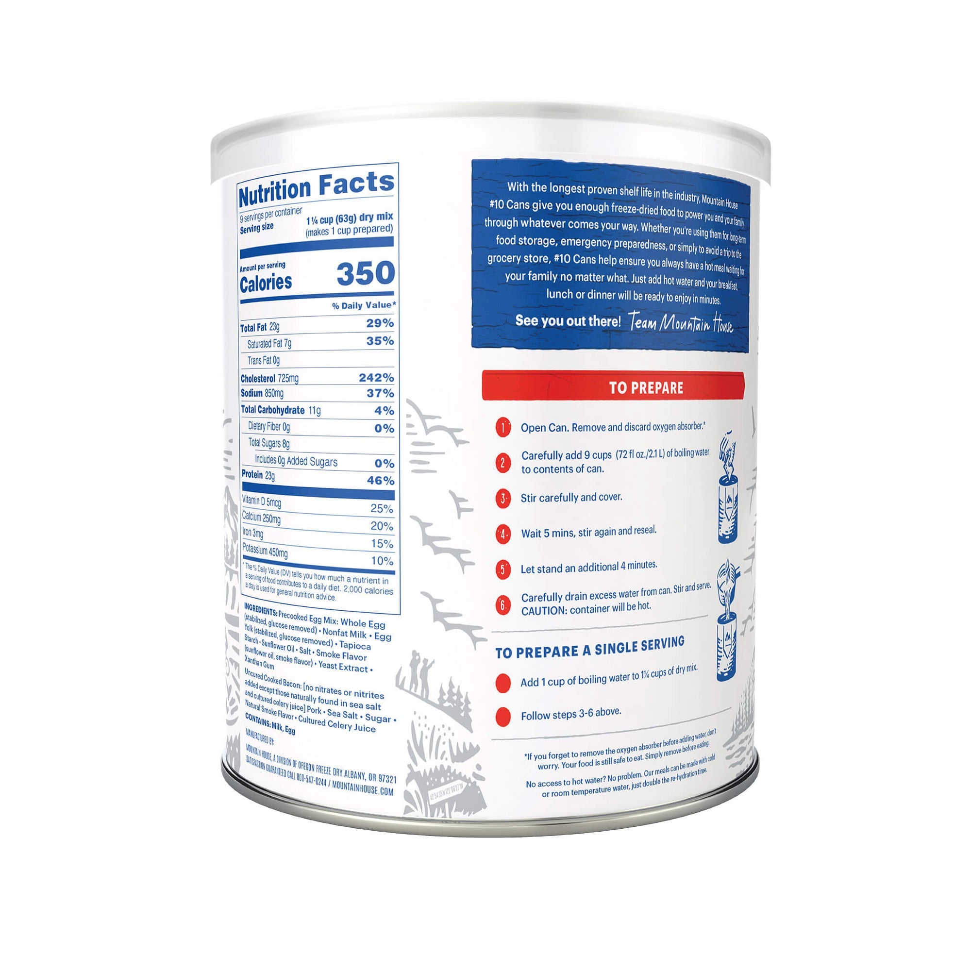 Ready-to-eat freeze-dried scrambled eggs with bacon