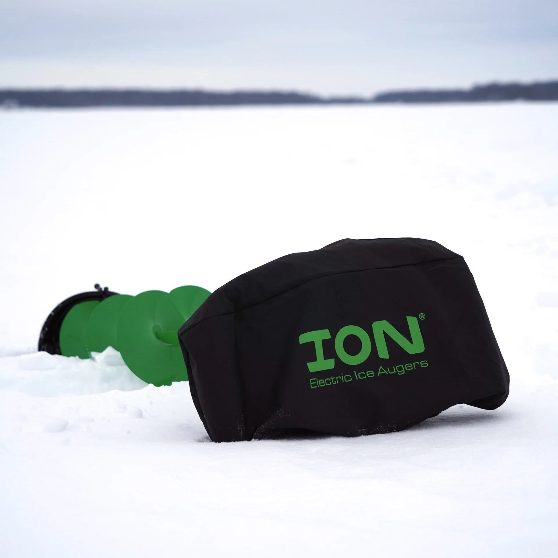 Close-up of the ION® ice auger cover’s storage pocket, designed to hold a spare Allen wrench or other small tools for convenience.