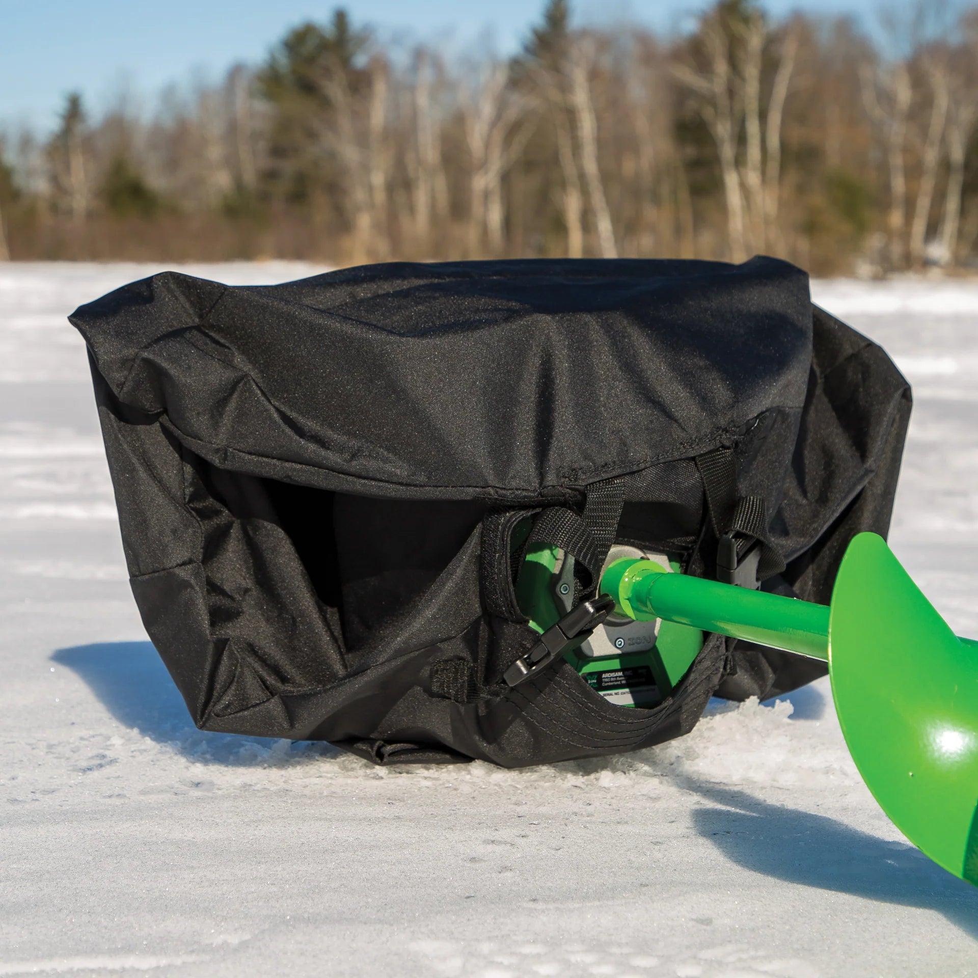 ION® ice auger protective cover laid flat, showing its shape, durable 300D polyester fabric, and built-in storage pocket.
