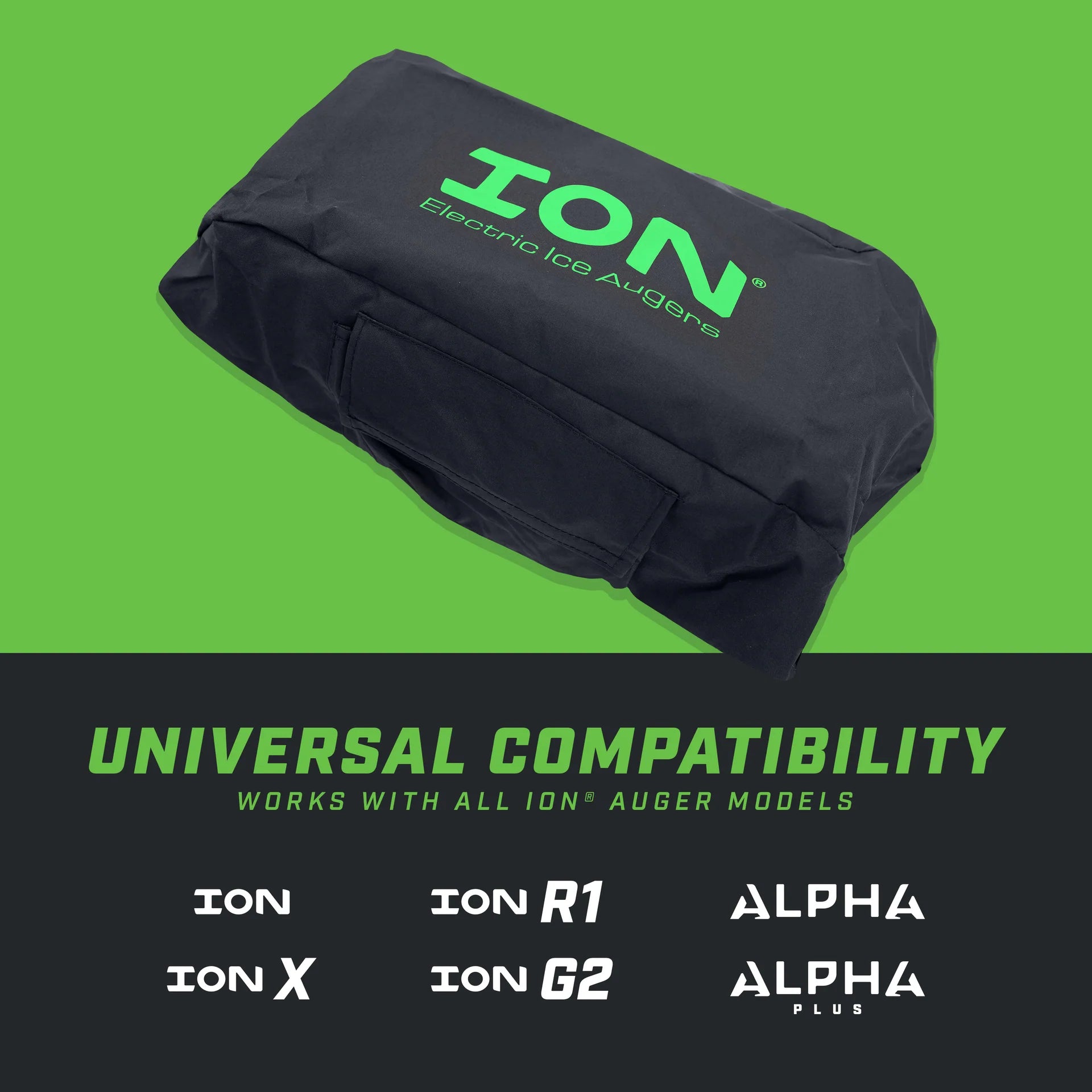 ION® ice auger protective cover laid flat, showing its shape, durable 300D polyester fabric, and built-in storage pocket.