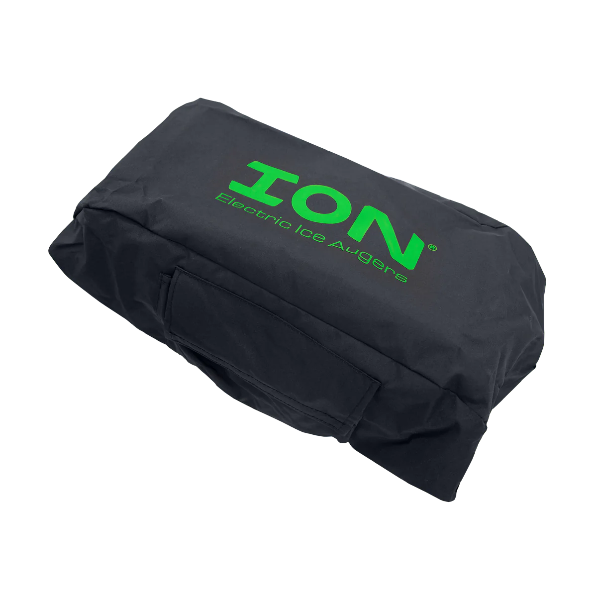 ION® ice auger powerhead cover made of durable 300D polyester fabric, designed to protect against snow, rain, slush, and debris. Features a universal fit for all ION® augers and a side pocket for small gear storage