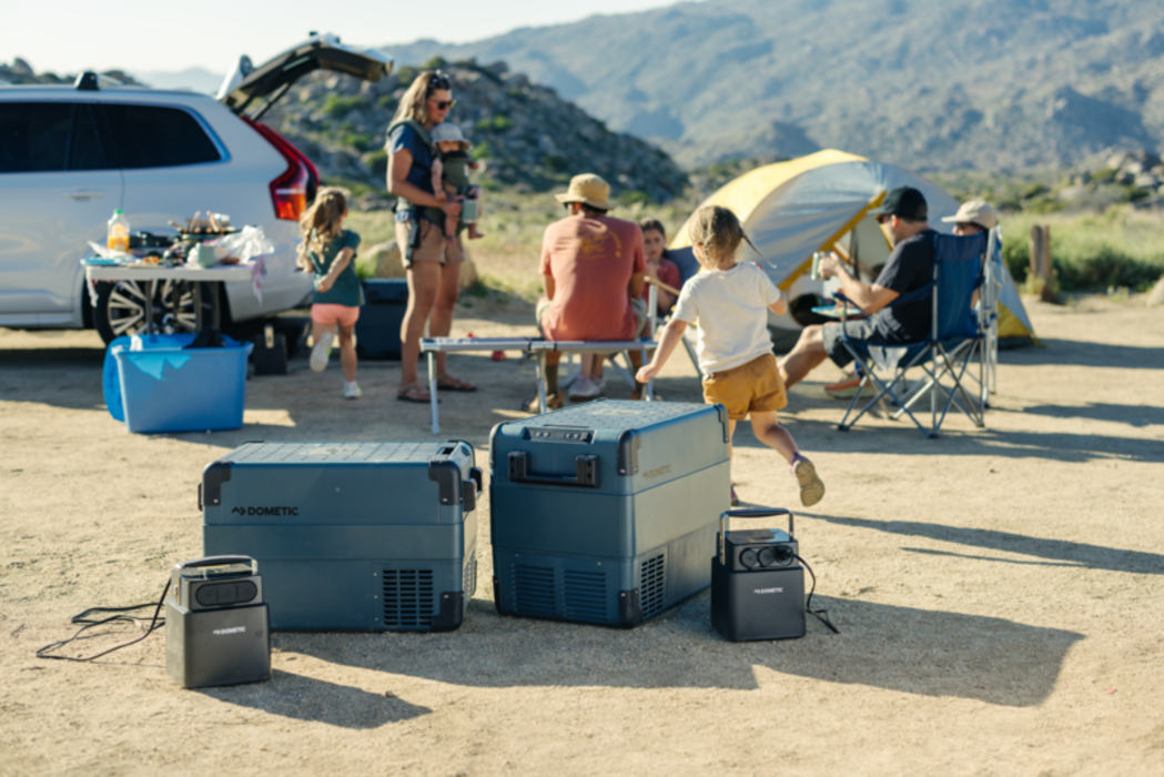 Detailed view of ABS folding handles and durable polymer shell on the Dometic electric cooler