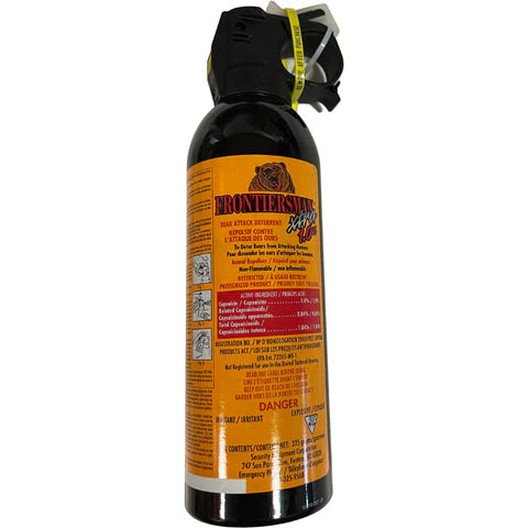 Bear Spray Canister – A 325g canister of Frontiersman Bear Spray with a glow-in-the-dark safety wedge.