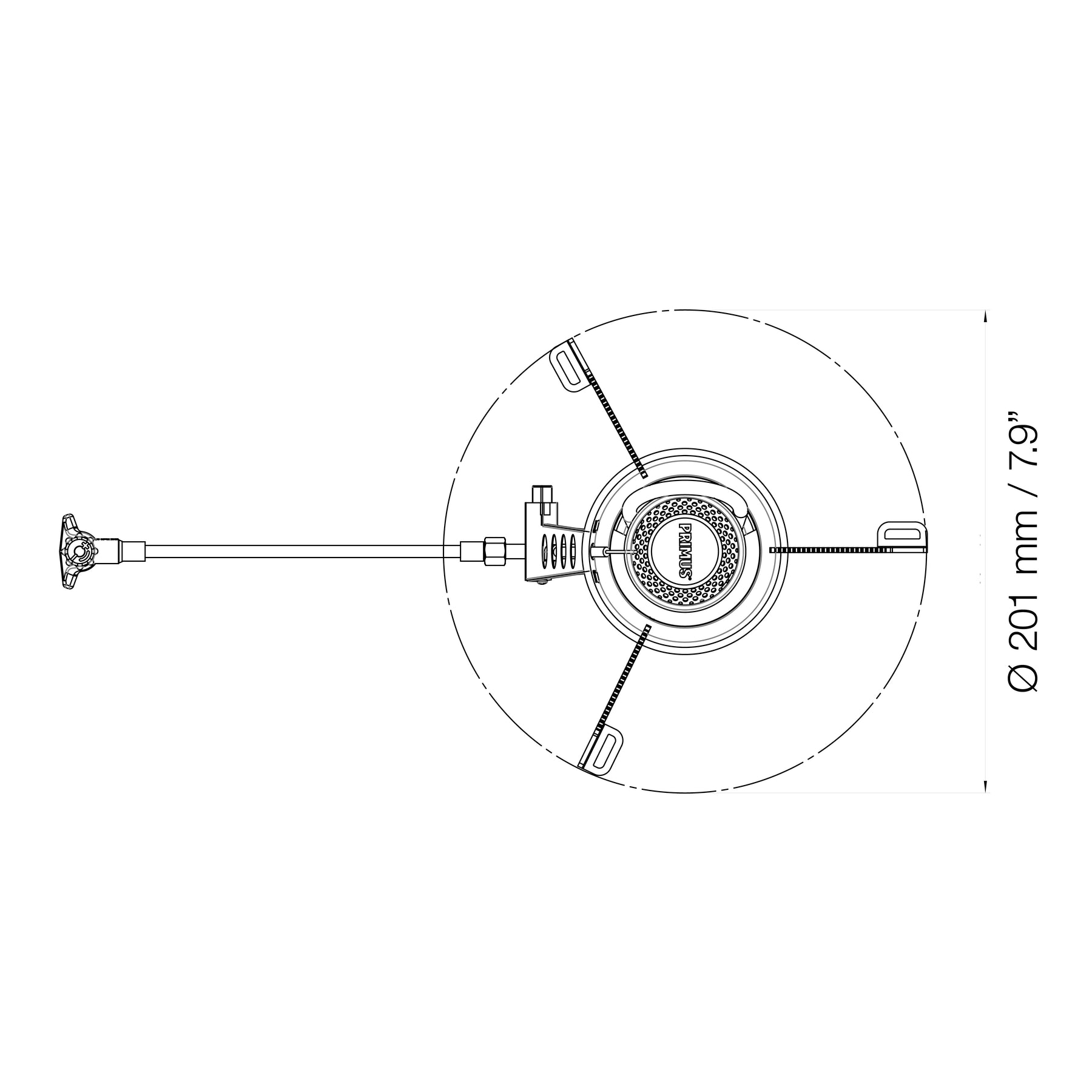 Technical drawing of a gas stove burner with dimensions on a white background