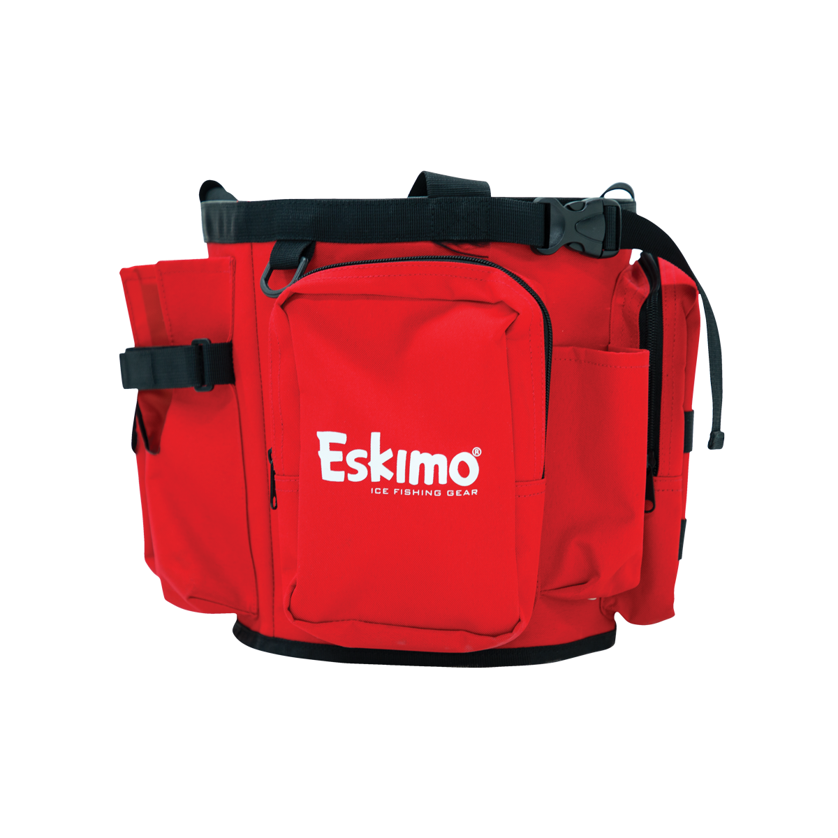 Eskimo Bucket Caddy mounted on a bucket, showcasing its durable 600D fabric and multiple storage pockets for ice fishing gear.