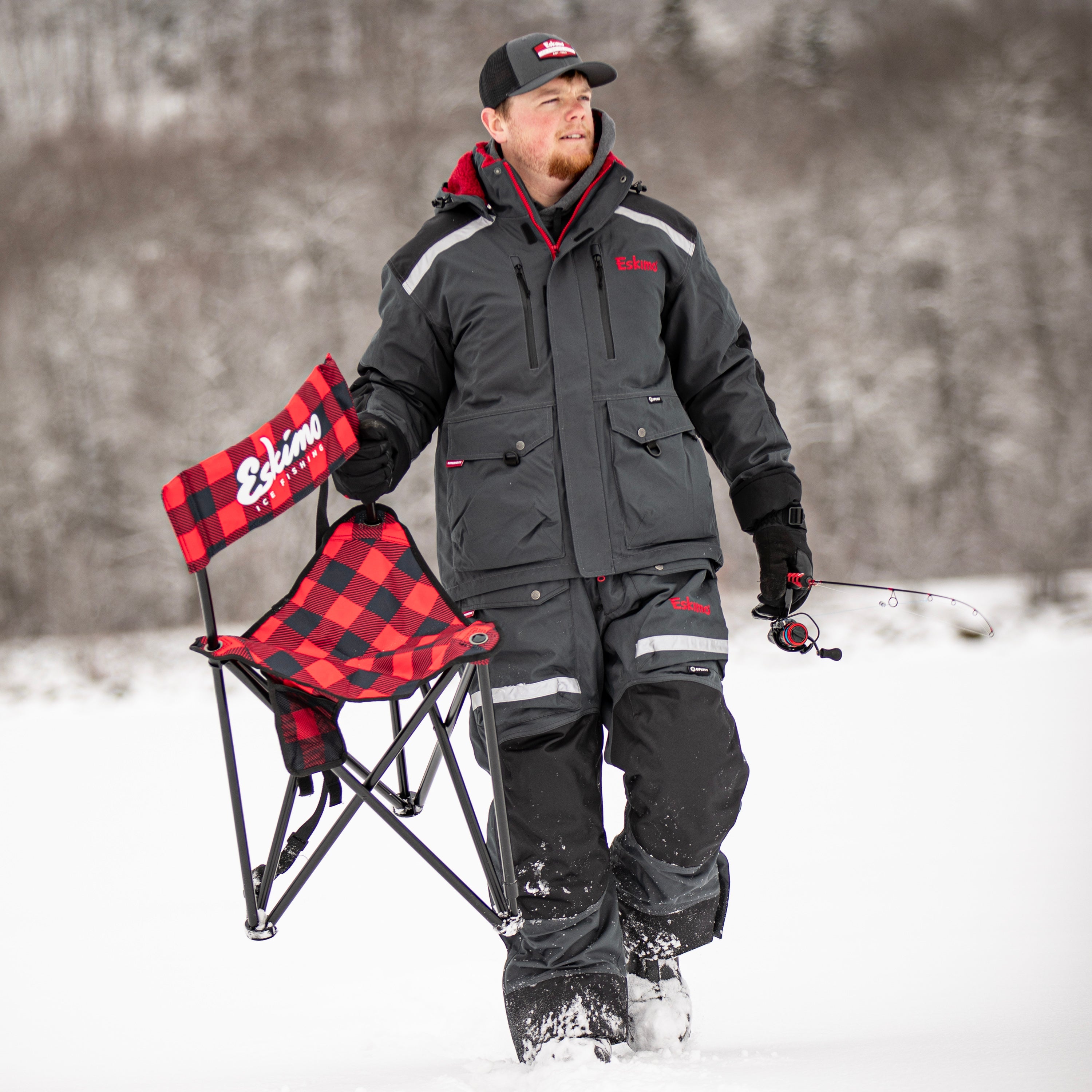Stylish Eskimo buffalo plaid fabric on king-sized folding chair for comfort and outdoor use