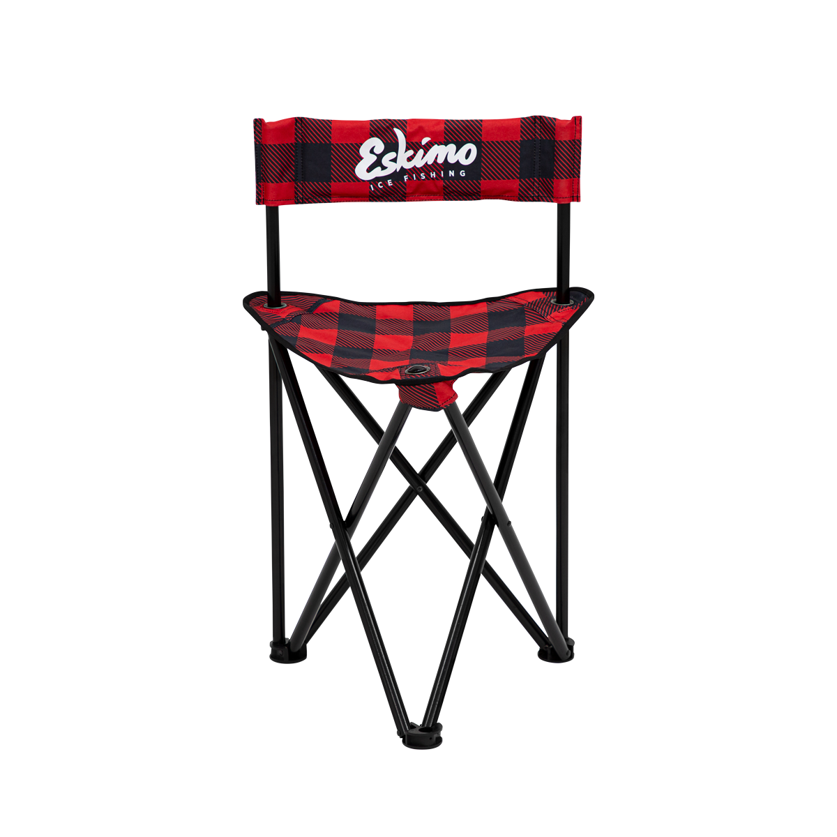 A stylish folding chair with overbuilt 19mm steel framework and Eskimo® plaid fabric, shown in its fully assembled state, designed for outdoor use at tailgates, barbeques, or on the ice.