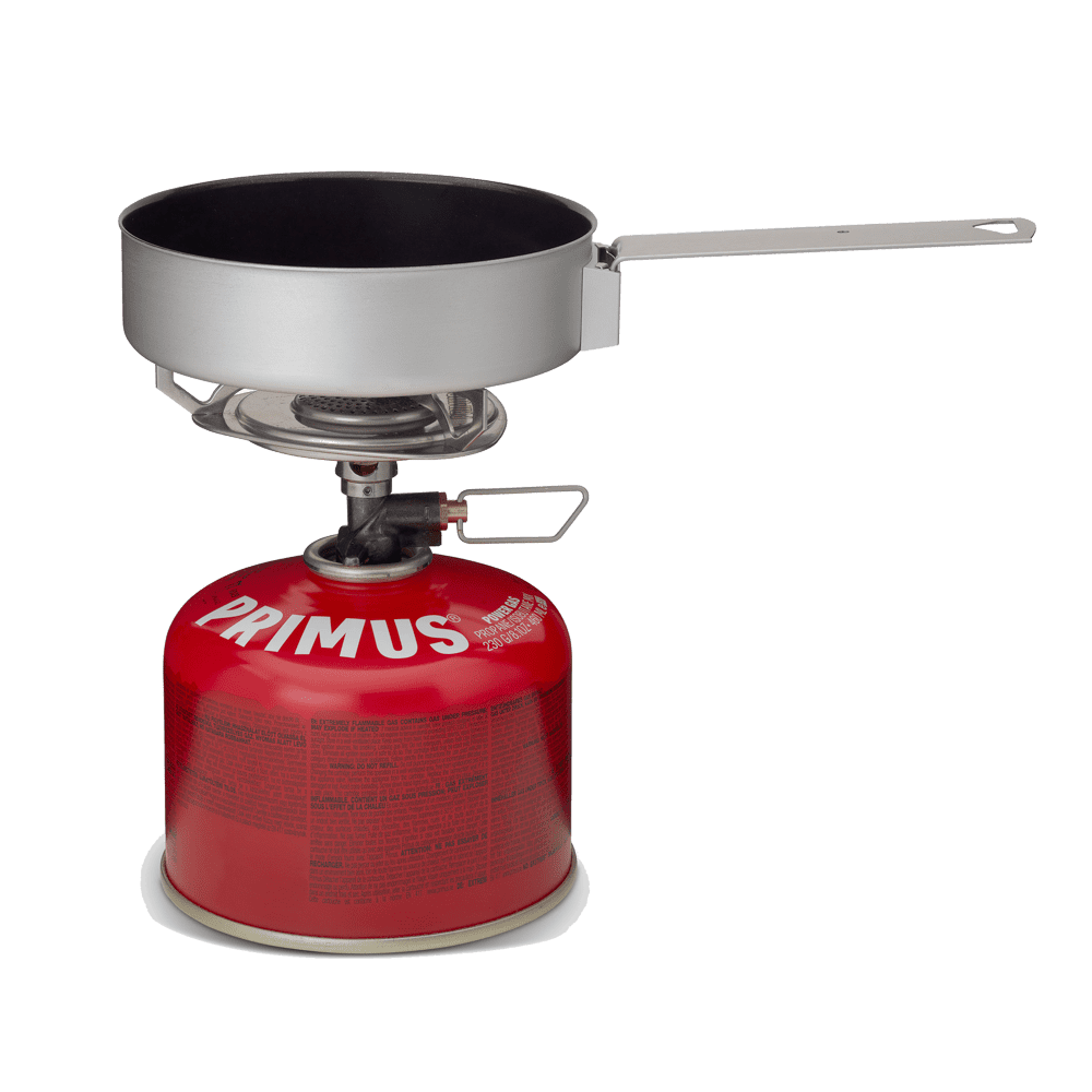 Essential Trail Kit packed with stove attached to 230g gas canister inside 1.0L aluminum pot for lightweight backpacking.