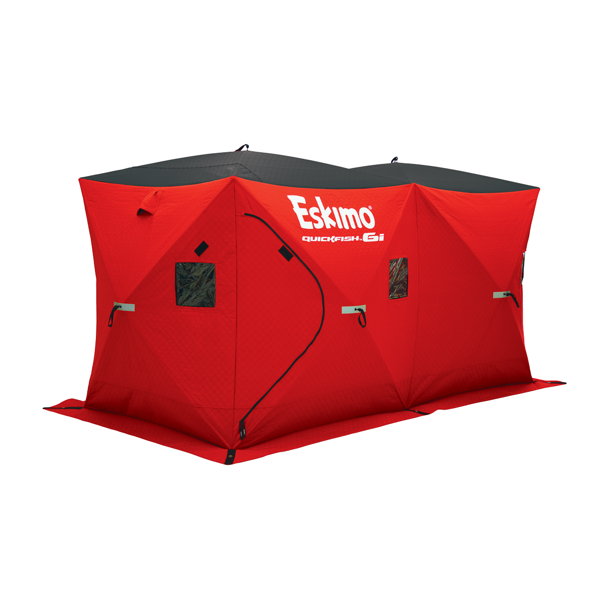 QuickFish™ 6i insulated hub-style ice fishing shelter, set up on ice, showcasing its spacious 6-person capacity and durable construction