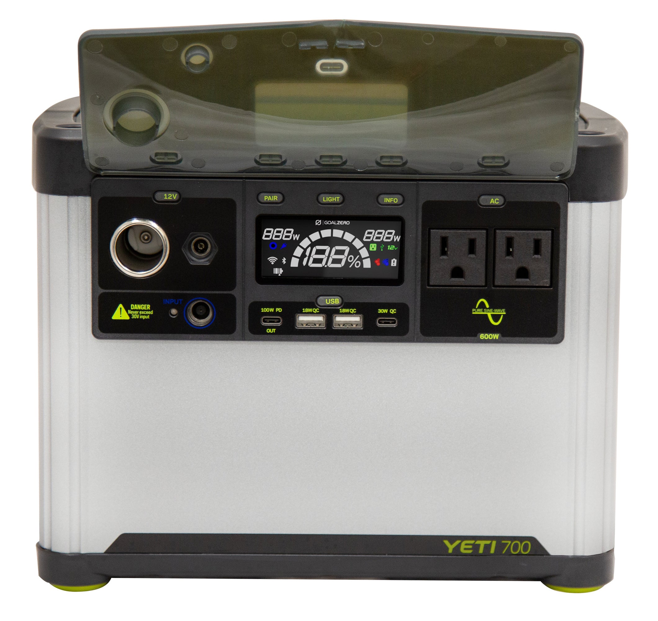Rugged compact Goal Zero power station with USB-C, USB-A, AC and 12 V outputs for camping and backup power