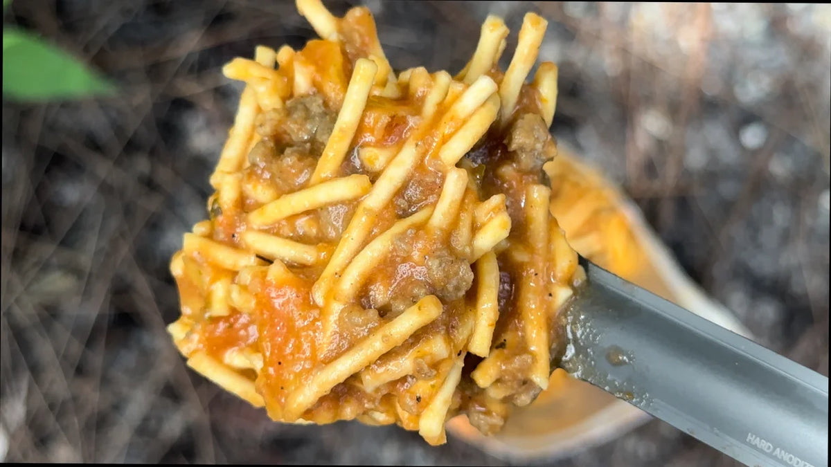 Spaghetti with beef and pork sausage tomato sauce freeze-dried meal