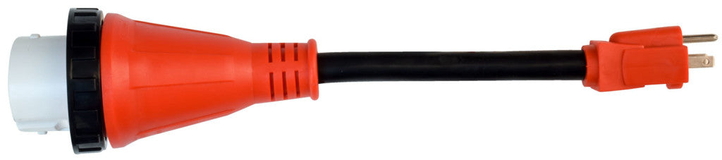 Red electrical plug with black cord on a white background